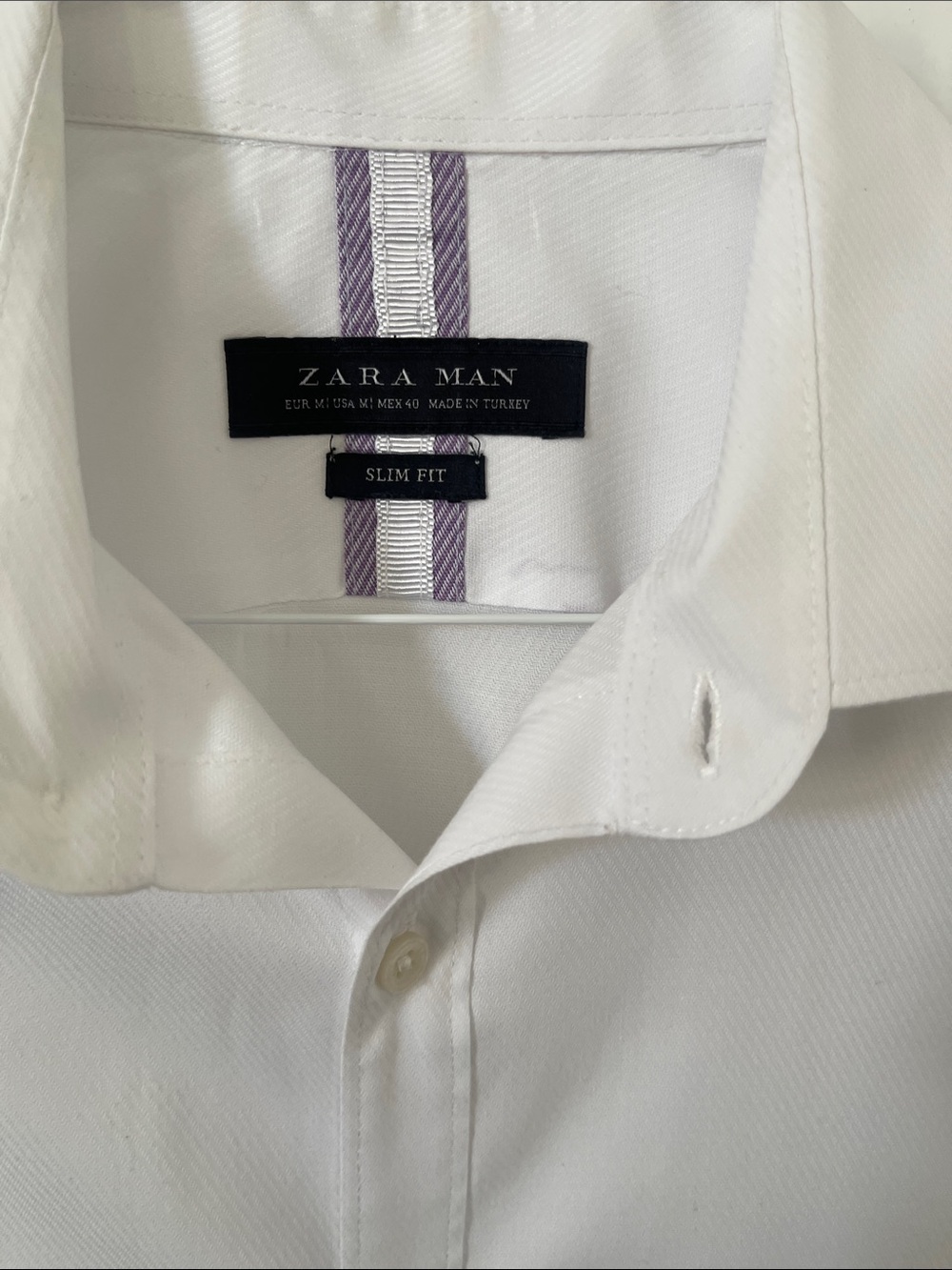 Zara Man Slim Fit White Dress Shirt with Subtle Purple Trim